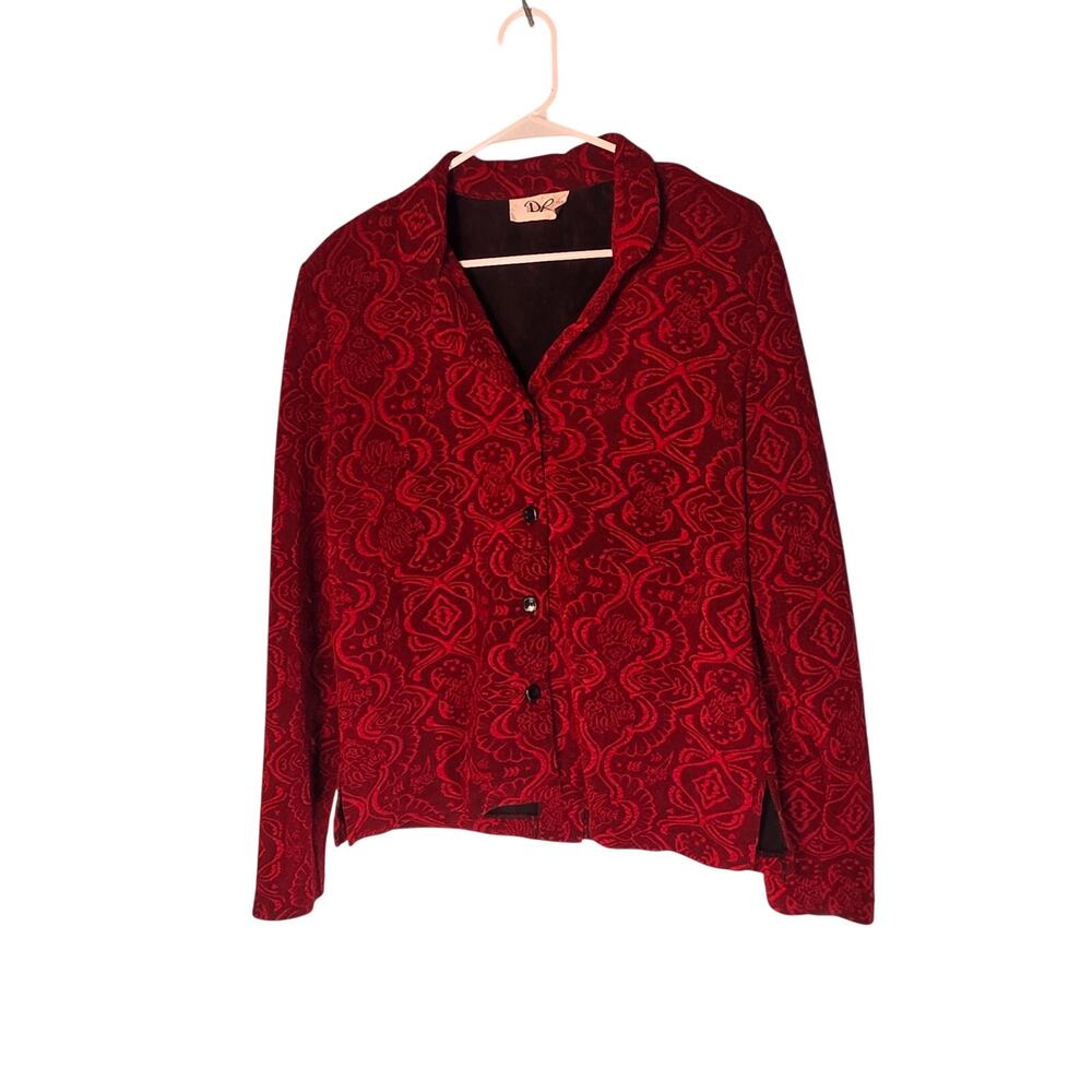 Vintage DR Red Black Tapestry Jacket Damask Brocade Button Back Blazer